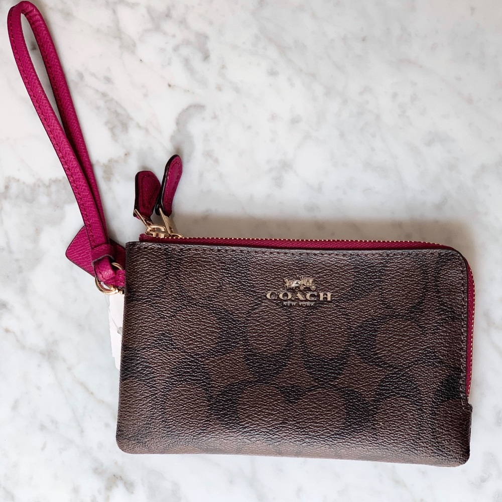 NEW COACH BROWN LEATHER & PINK WALLET PURSE (gold)
